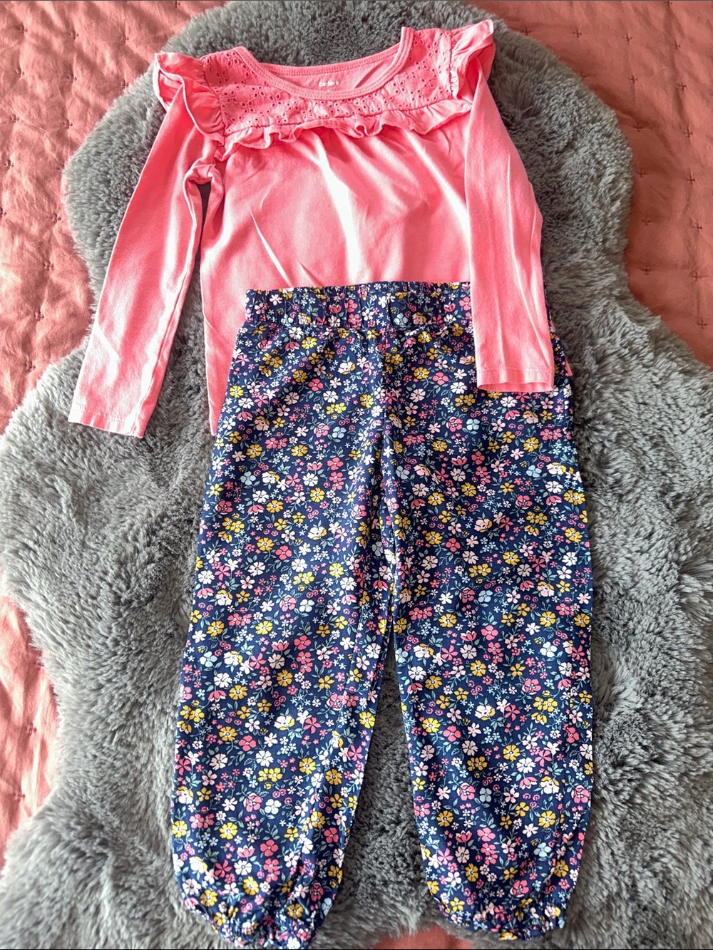 Carter's Pink Ruffle Long-Sleeve Top with Navy Floral Trousers.  Size 3T.